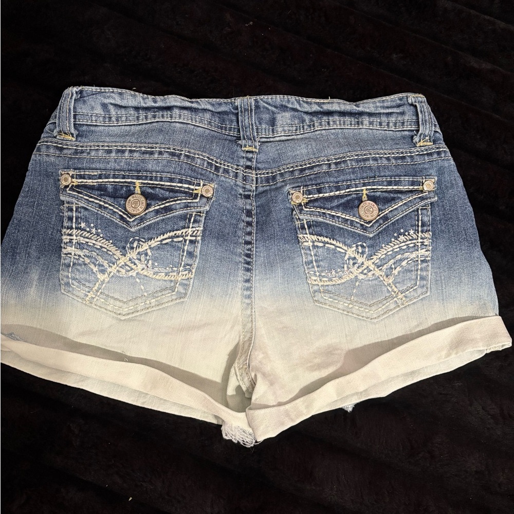 Wallflower Blue and White Jean Shorts with Distressed Look and Cuffed Hem